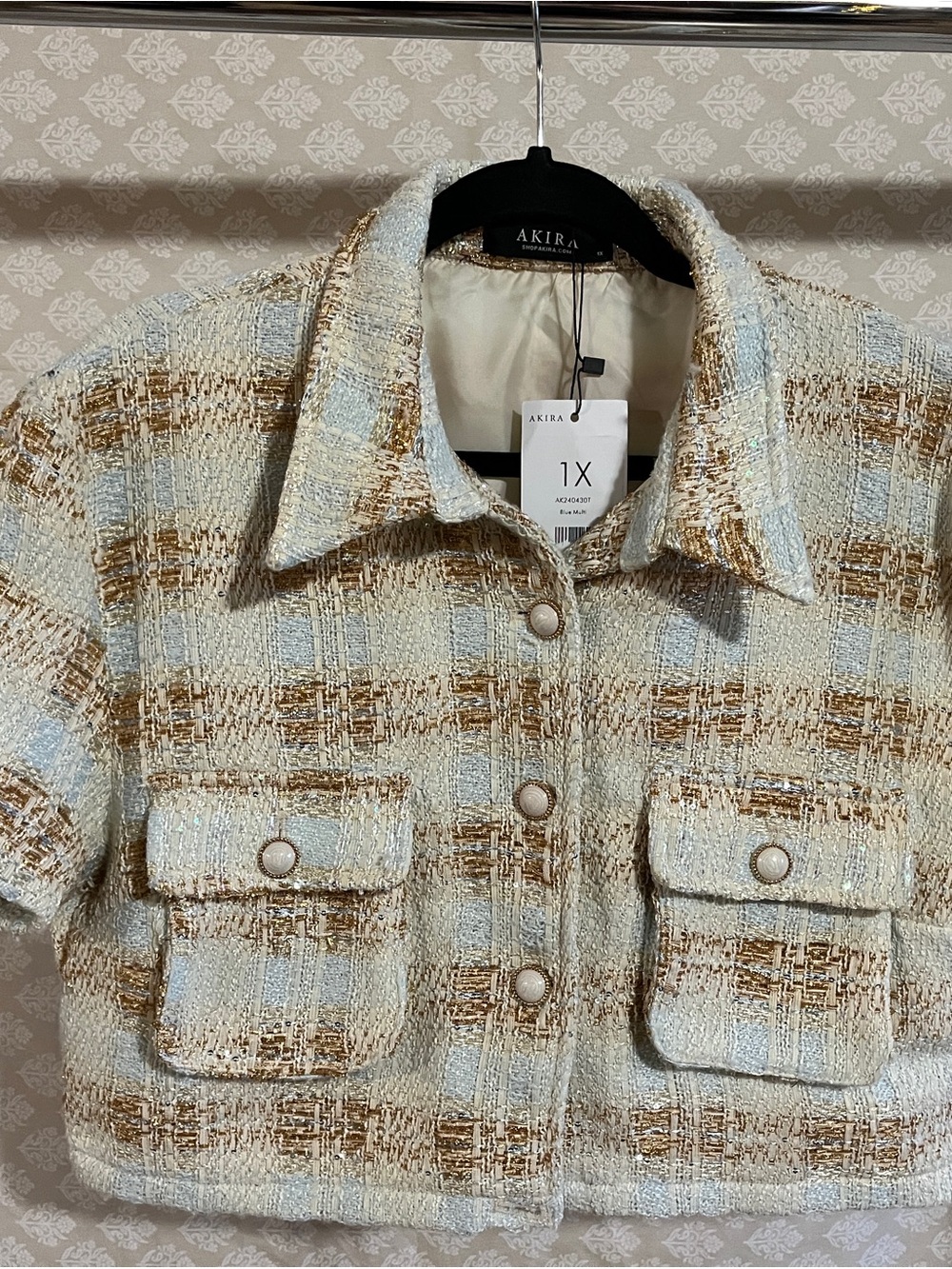 AKIRA Blue and Gold Tweed Cropped Blazer Jacket